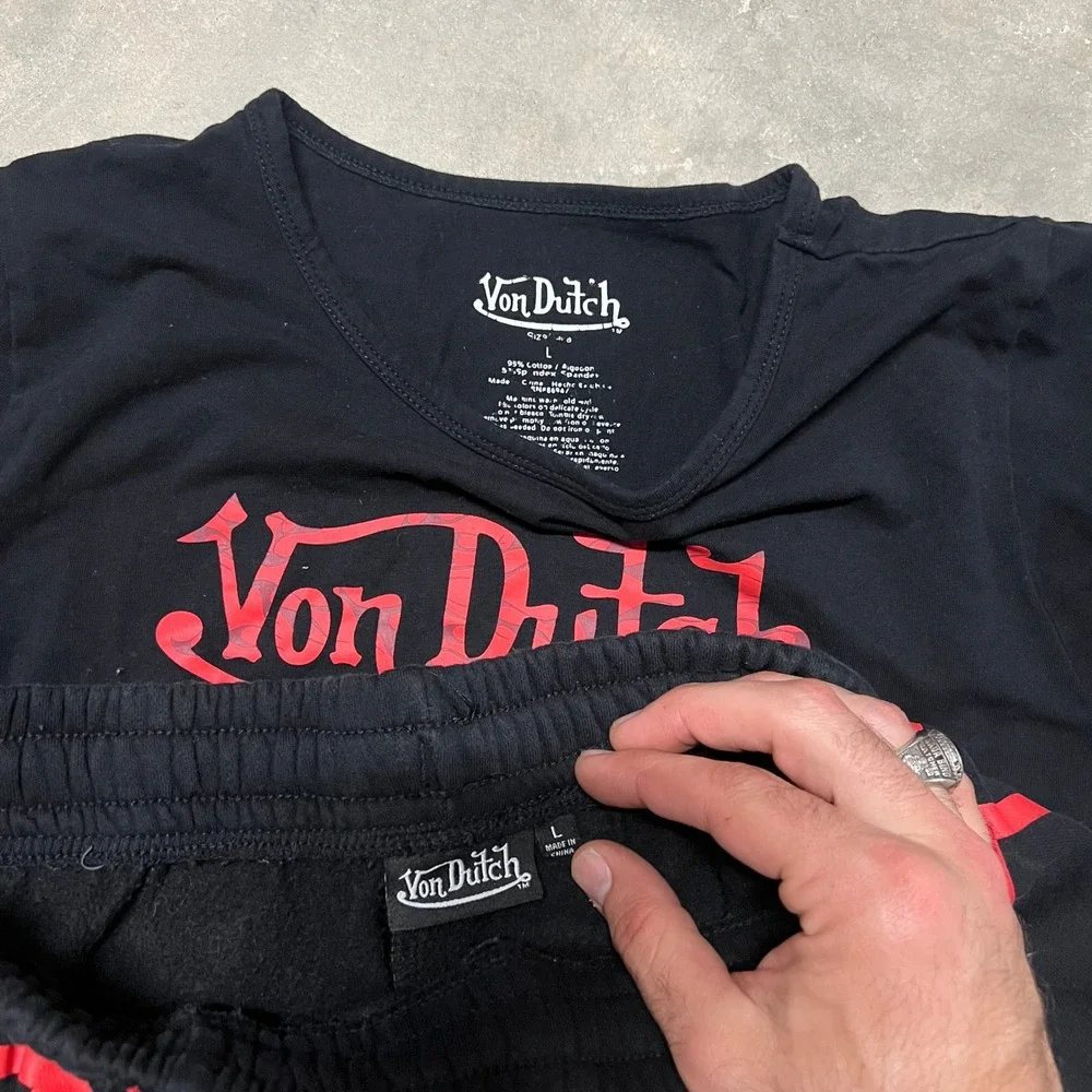Von Dutch Womens 2 Piece Set Black Red Flame Crop Top Joggers L TVNO3A1275NV